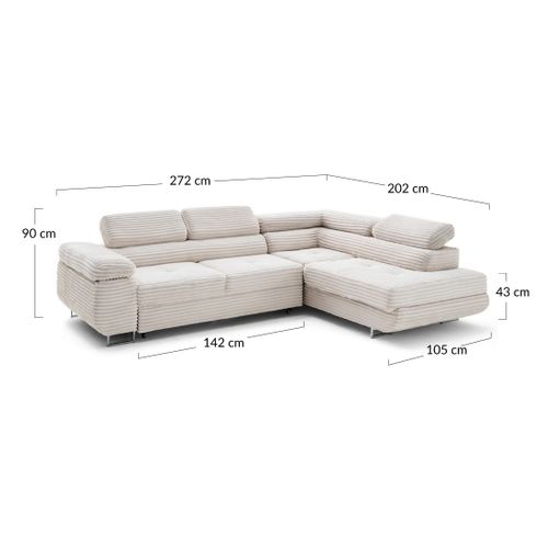 Canapé Angle Droit Convertible 5 Places Zaria En Velours Grosses Côtes Gris