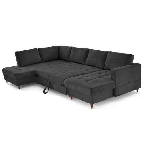 Canapé Panoramique D'angle Gauche 7 Places Convertible Avec Coffre En Velours Gris Anthracite