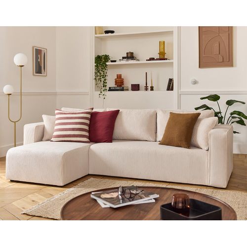 Canapé D'angle Déhoussable  4 Places En Velours Côtelé Beige