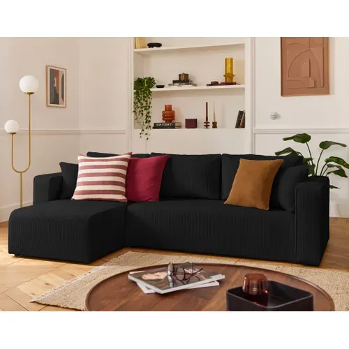 Topaze - Canapé D'angle Déhoussable Réversible 4 Places En Velours Côtelé Noir