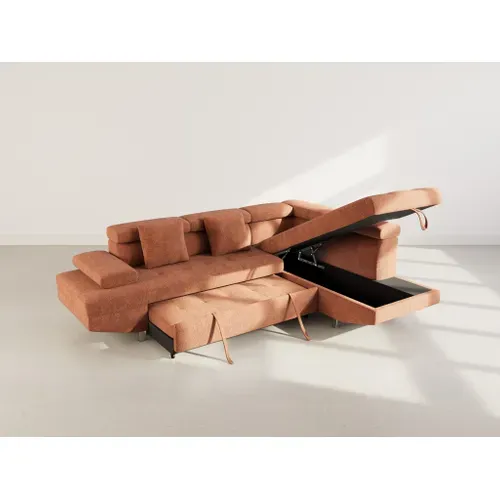Canapé Angle Droit Convertible 5 Places Margaux En Velours Texturé Terracotta
