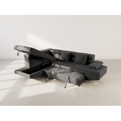 Canapé Angle Gauche Convertible 5 Places Margaux En Velours Texturé Noir