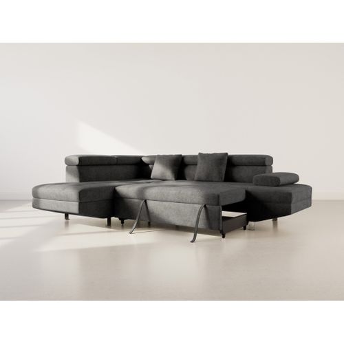 Canapé Angle Gauche Convertible 5 Places Margaux En Velours Texturé Noir