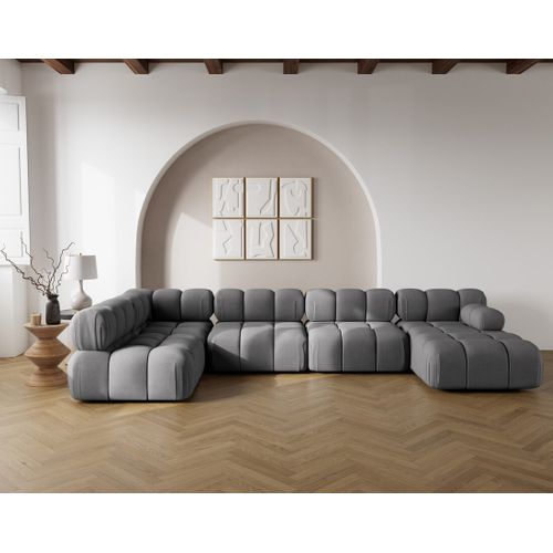 Ruby - Canapé Panoramique Modulable D'angle Gauche 7 Places En Velours Texturé Gris