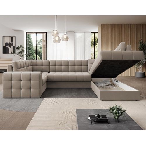 Nappa - Canapé Panoramique D'angle Gauche 7 Places Convertible Avec Coffre En Velours Beige