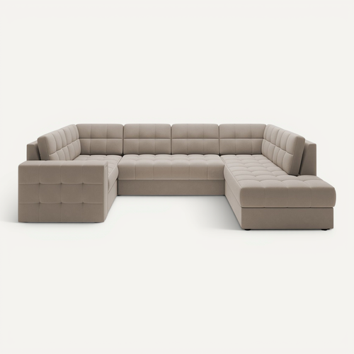 Nappa - Canapé Panoramique D'angle Gauche 7 Places Convertible Avec Coffre En Velours Beige