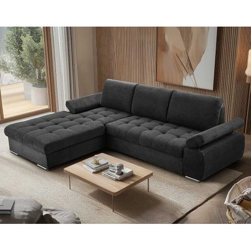 Canapé Angle Gauche Convertible 4 Places Bianca En Tissu Texturé Noir