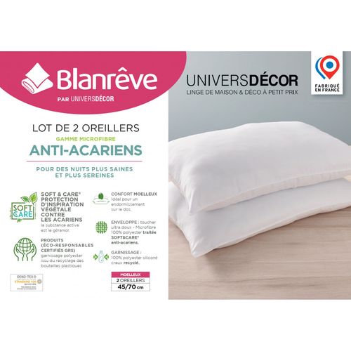 Lot De 2 Oreillers 45 X 70 Cm Blanrêve Gamme "douceur" Traité Anti Acarien - Blanc - 45x70 Cm