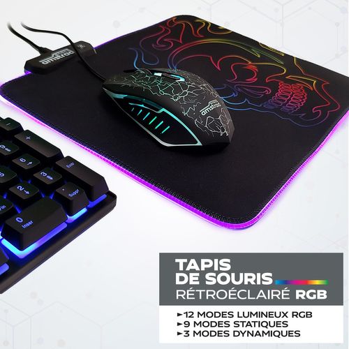 Tapis De Souris Gamer Ams-rgb-mousepad Rgb Avec Design "tête De Mort" - 12 Mode Lumineux - 25x30 Cm