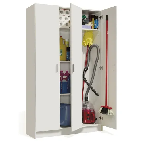 Armoire Rangement Nettoyage 3 Portes En Mélamine Coloris Blanc.