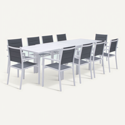Salon De Jardin Venezia Extensible En Textilène Gris 10 Places - Aluminium Blanc