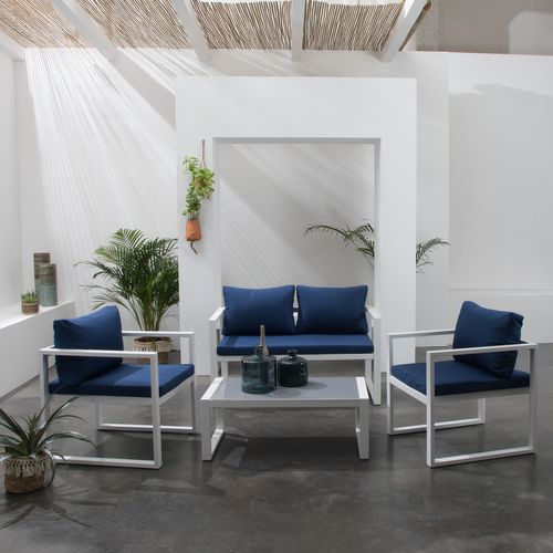 Salon De Jardin Ibiza En Tissu Bleu 4 Places - Aluminium Blanc