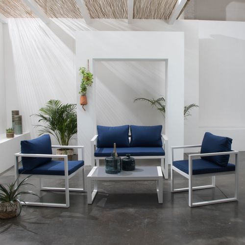 Salon De Jardin Ibiza En Tissu Bleu 4 Places - Aluminium Blanc