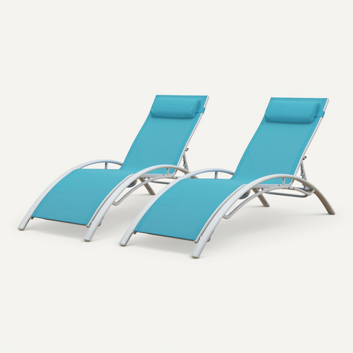 Lot De 2 Transats Galapagos En Textilène Bleu - Aluminium Blanc