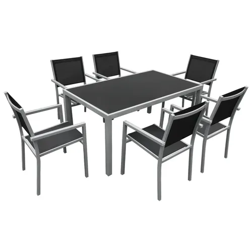Salon De Jardin Bergamo En Textilène Noir 6 Places - Aluminium Gris