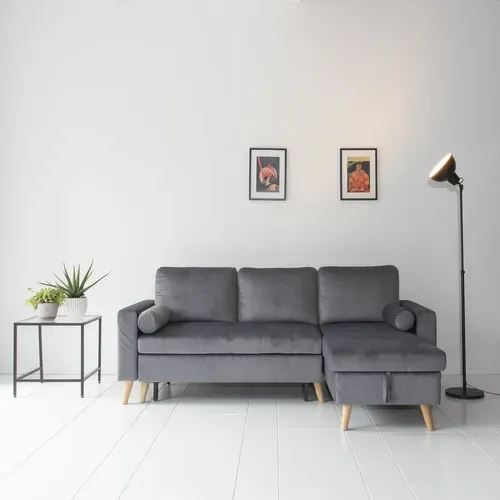 Canapé D'angle Convertible James 3 Places En Velours Gris
