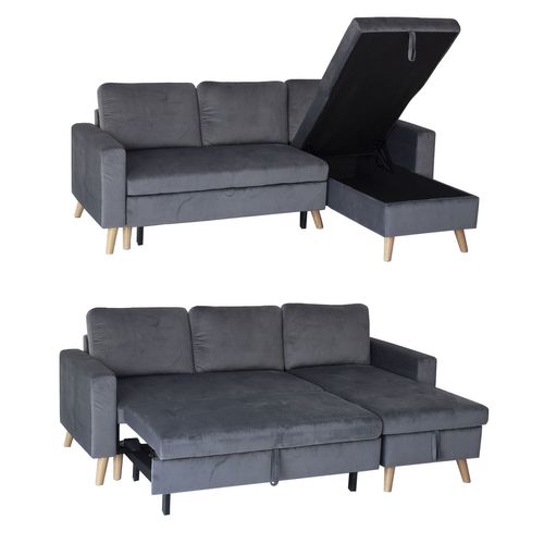 Canapé D'angle Convertible James 3 Places En Velours Gris