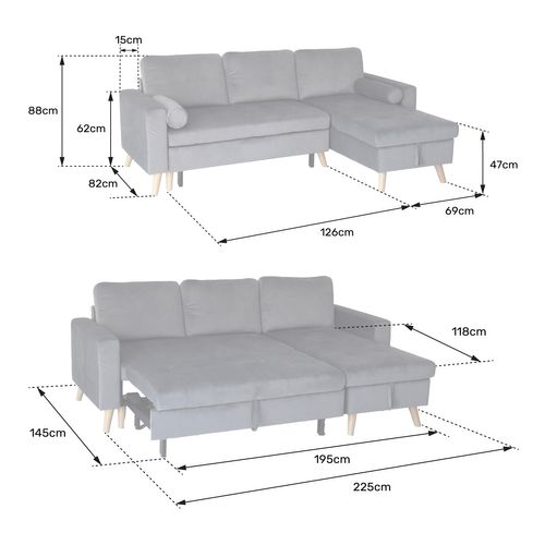 Canapé D'angle Convertible James 3 Places En Velours Gris