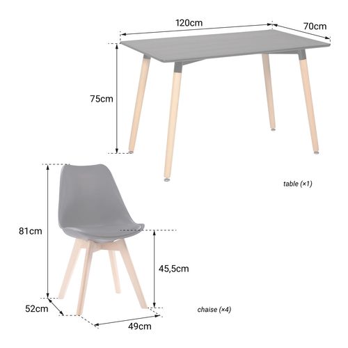 Ensemble Table Rectangulaire 120cm Pia Et 4 Chaises Nora Noir