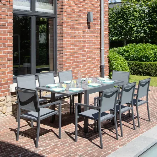 Salon De Jardin Lampedusa Extensible Textilène Gris 8 Pl. Aluminium Anthracite