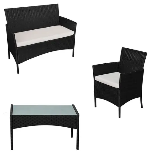 Salon De Jardin Corfou En Résine Tressée Noire 4 Places - Coussins Beige