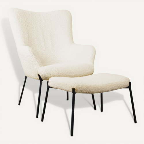 Fauteuil En Tissu Bouclette écru Avec Repose-pieds Eira