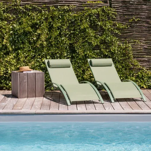 Lot De 2 Transats Galapagos En Textilène Vert Sauge - Aluminium Vert Sauge