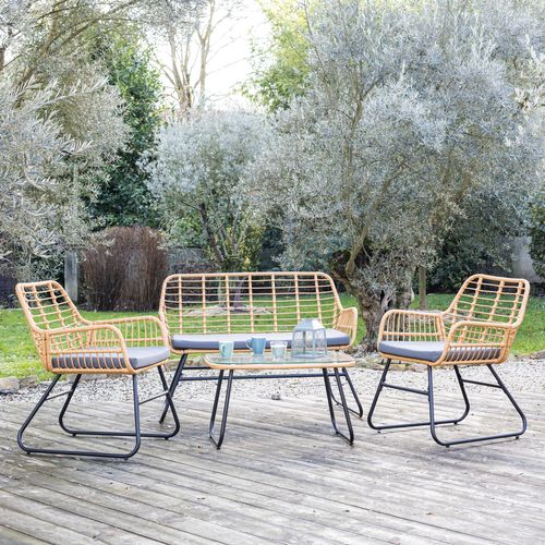 Salon De Jardin Tiga En Résine Tressée 4 Places - Coussins Gris