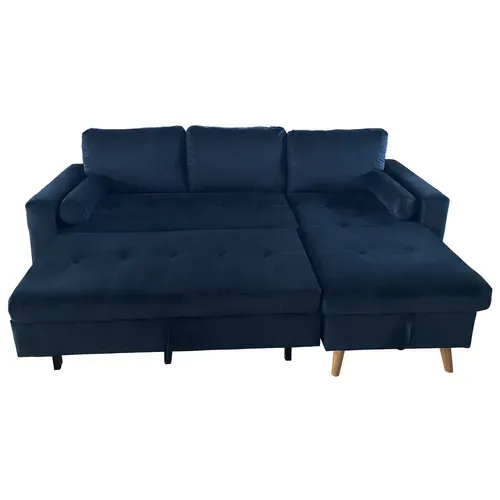 Canapé D'angle Convertible James 3 Places En Velours Bleu