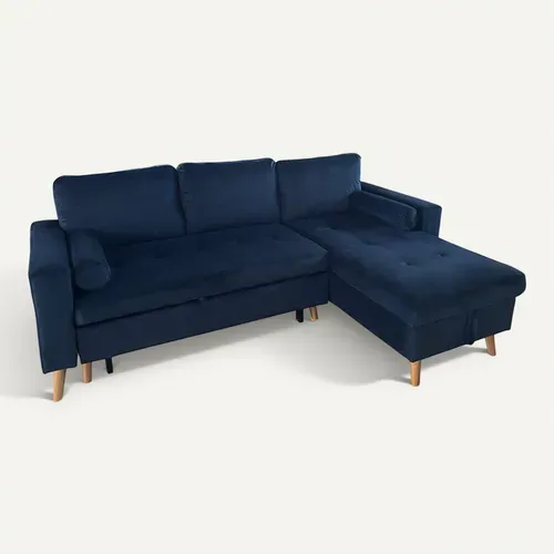 Canapé D'angle Convertible James 3 Places En Velours Bleu