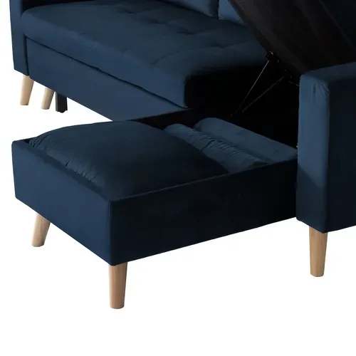 Canapé D'angle Convertible James 3 Places En Velours Bleu
