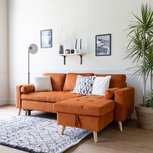Canapé D'angle Convertible James 3 Places En Velours Terracotta