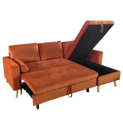 Canapé D'angle Convertible James 3 Places En Velours Terracotta