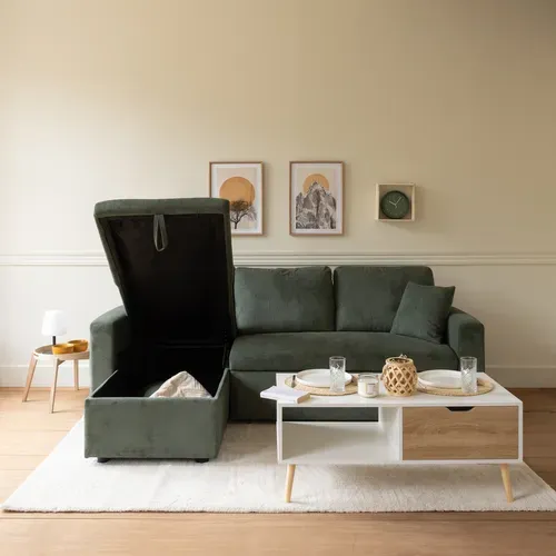 Canapé D'angle Convertible Clark 3 Places En Velours Côtelé Vert