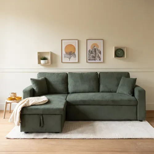 Canapé D'angle Convertible Clark 3 Places En Velours Côtelé Vert