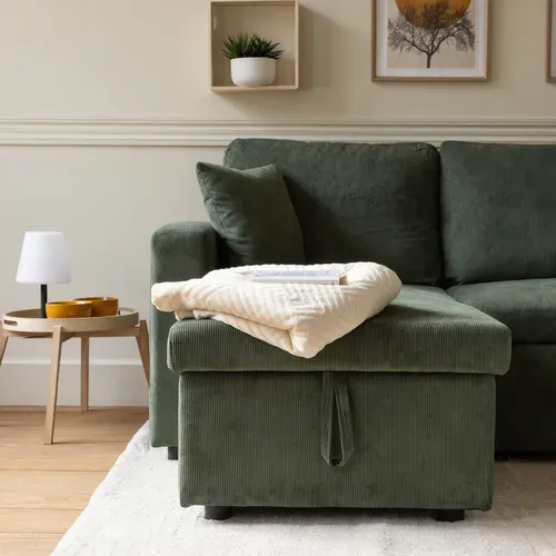 Canapé D'angle Convertible Clark 3 Places En Velours Côtelé Vert