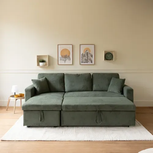 Canapé D'angle Convertible Clark 3 Places En Velours Côtelé Vert