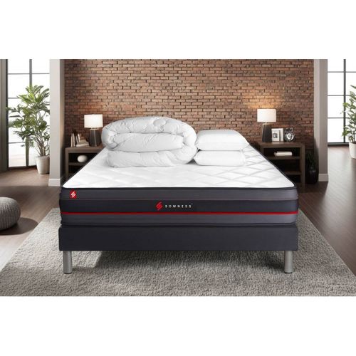 Ensemble Matelas Regen 140x200 + Sommier Noir + Couette + 2 Oreillers - Mémoire De Forme