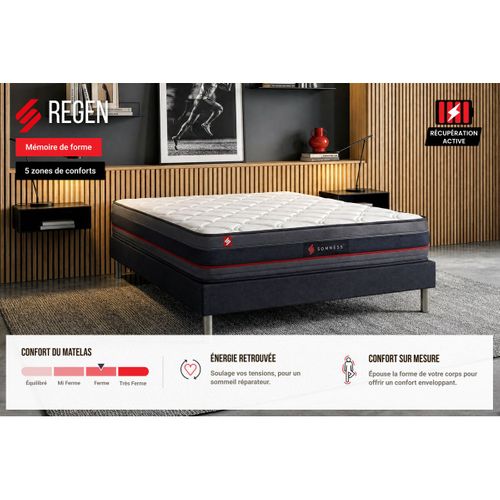 Ensemble Matelas REGEN 180x200 cm + Double Sommiers Noir 90x200 + Couette + 2 Oreillers