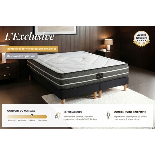 Ensemble Matelas Ressorts Ensachés Et Mémoire De Forme 200x200 Exclusive Ep:22cm - Sommier Noir