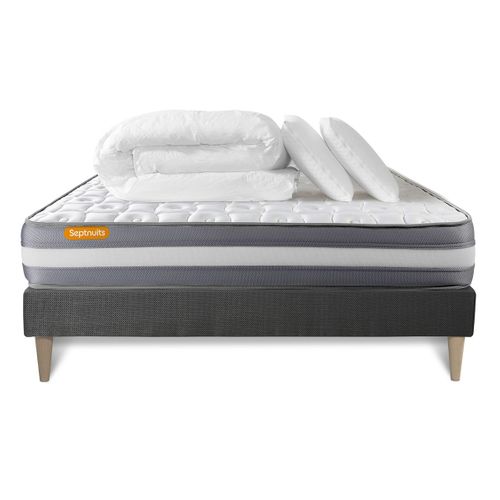 Pack Matelas + Sommier Kit Gris 180x200 Memo Plus Mémoire De Forme + 2 Oreillers + Couette - Mémoire