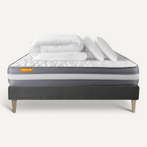 Pack Matelas + Sommier Kit Gris 160x200 Memo Plus Mémoire De Forme + 2 Oreillers + Couette - Mémoire
