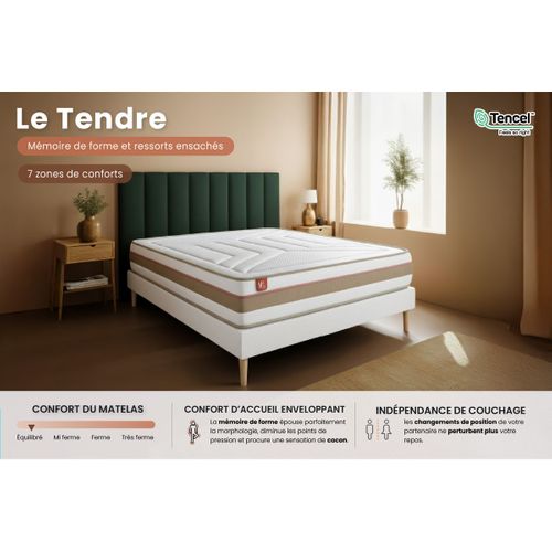 Matelas Ressorts Ensachés Et Mémoire De Forme 200x200 Le Tendre - Ep: 28cm - Confort Equilibré