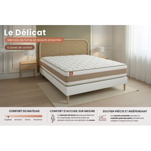 Matelas Ressorts Ensachés Et Mémoire De Forme 180x200 Le Délicat - Ep: 26cm - Confort Equilibré