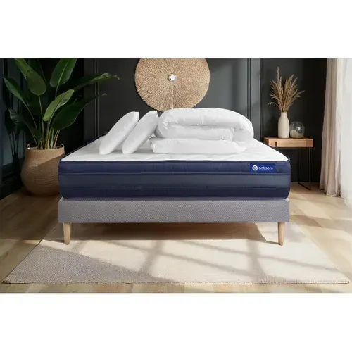 Ensemble  Matelas Actiflex Tech 140x200 Mémoire De Forme  Sommier Kit Gris + 2 Oreillers + Couette -