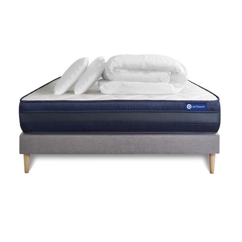 Ensemble  Matelas Actiflex Tech 140x200 Mémoire De Forme  Sommier Kit Gris + 2 Oreillers + Couette -