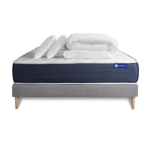 Ensemble  Matelas Ressorts Ensachés + Mémoire De Forme Actiflex Sleep 140x200 + Sommier Kit Gris +2o
