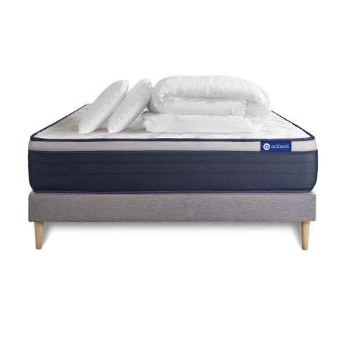 Ensemble  Matelas Latex + Mémoire De Forme Actilatex Max 200x200 Cm + Sommier Kit Gris + 2 Oreillers