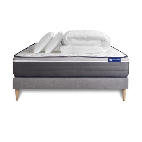 Ensemble Matelas Actimemo Plus 140x190 Mémoire De Forme 7zones Confort + Sommier Kit Gris + 2 Oreil