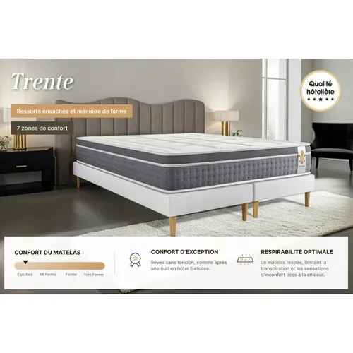 Ensemble Le Trente 160 X 200 Cm Sommier Blanc - Ressorts Ensachés Et Mémoire De Forme